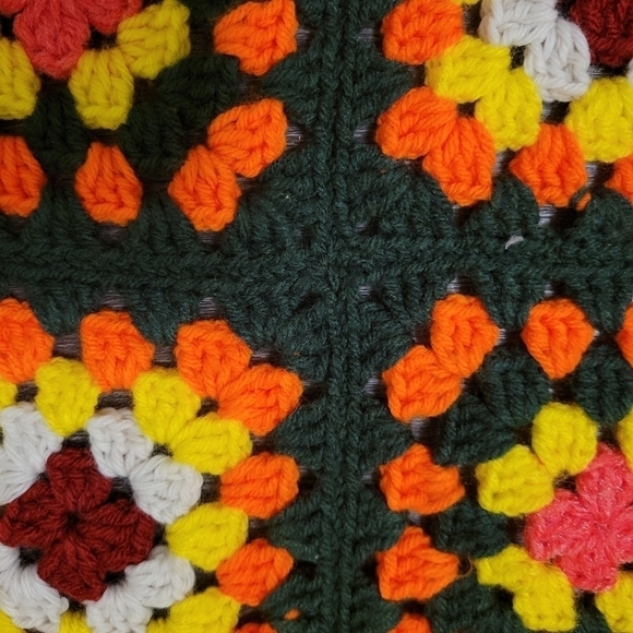 Afghan Hand Crochet Granny Square Blanket Throw Wool Yellow Orange Green - Picture 2 of 5